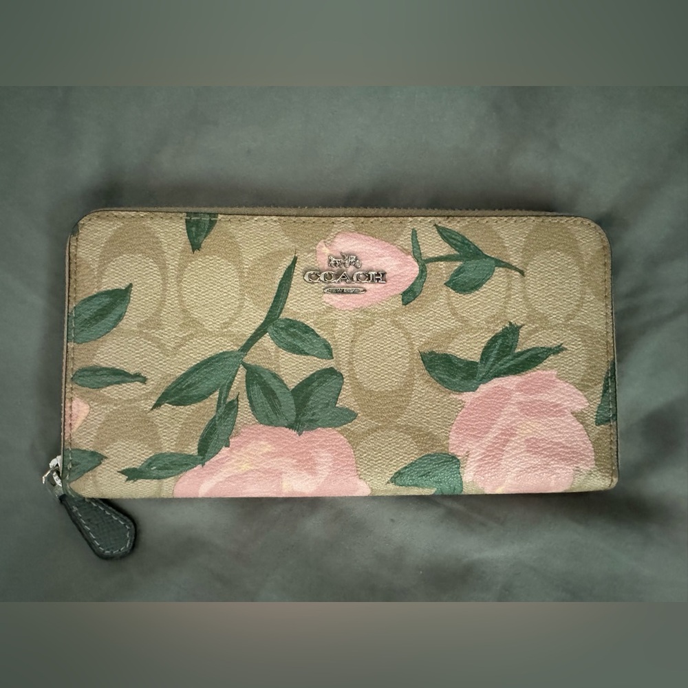 Coach Long Zip Around Wallet - Floral Tan and Pink